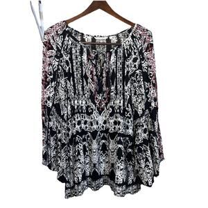 SOFT SURROUNDINGS Peasant Boho Tunic Top Size L Black Relaxed Sequin Bell Sleeve